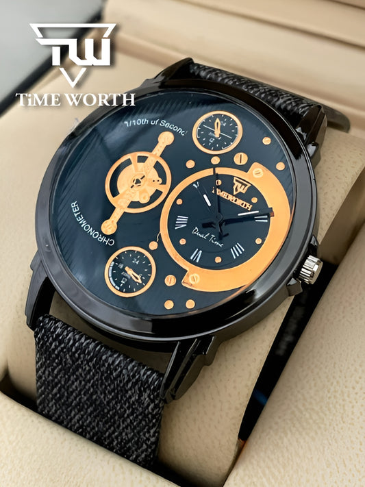 Time Worth Dual Time Stylish Black Leather Strap Watch